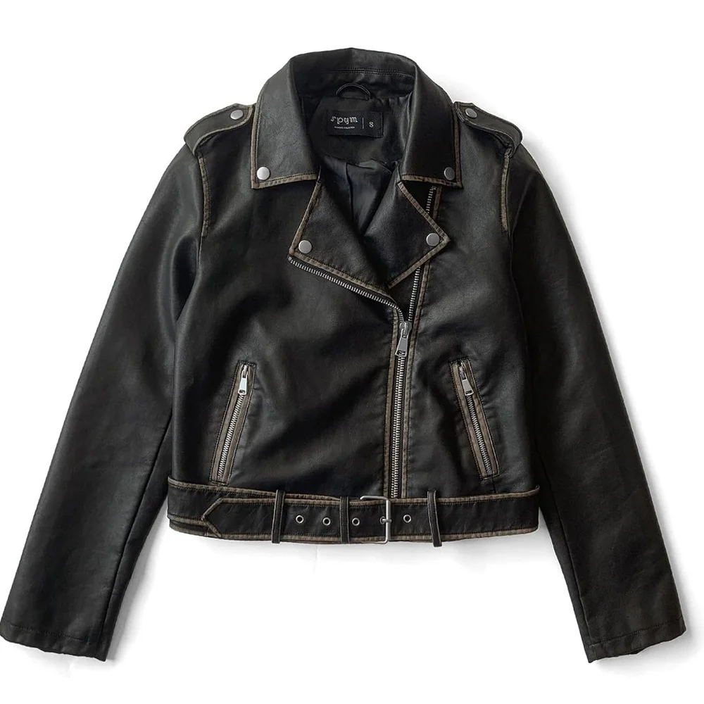 S P Y M Womens Worn Effect Faux Leather Jacket, Faded Moto Biker Coat with Belt - Picture 1 of 10